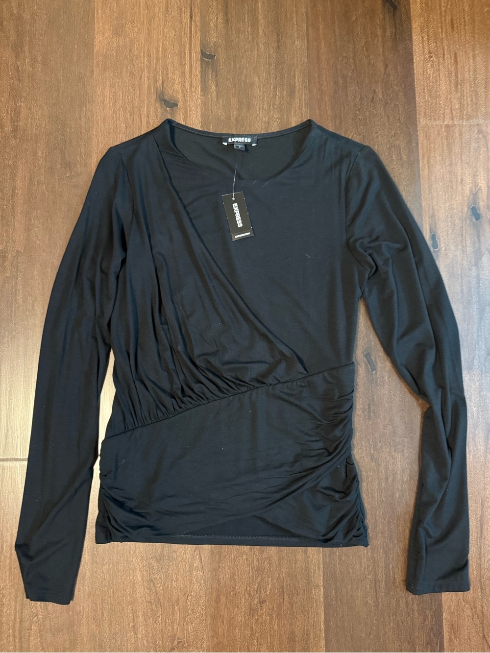 Express Black Long Sleeve Surplice Ruched Wrap Top